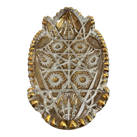 Vintage Clear & Gold Pressed Glass Oval Dish With Intricate Starburst & Geometri - Picture 8 of 10